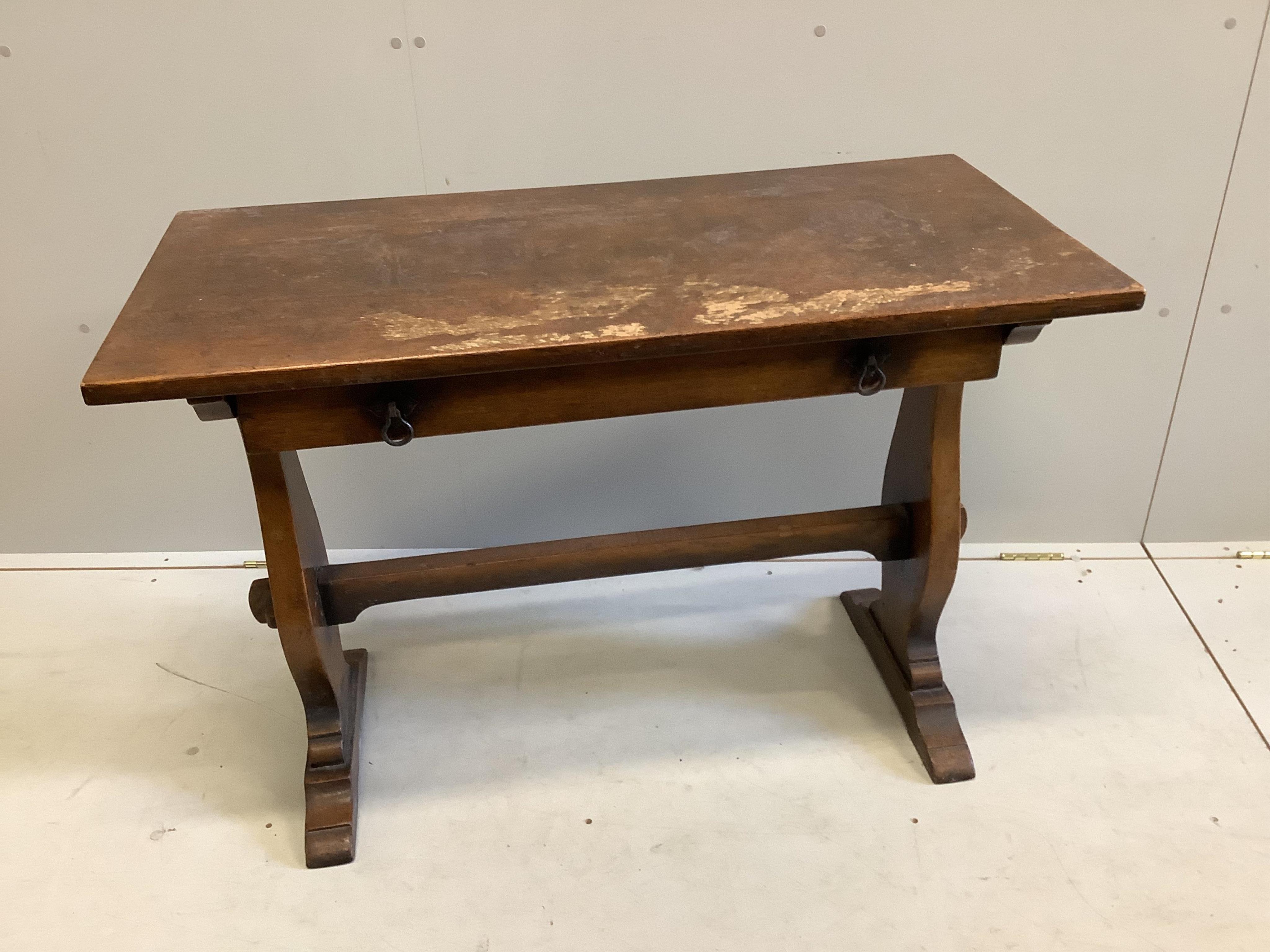 A rectangular oak side table, width 106cm, depth 51cm, height 75cm. Condition - poor